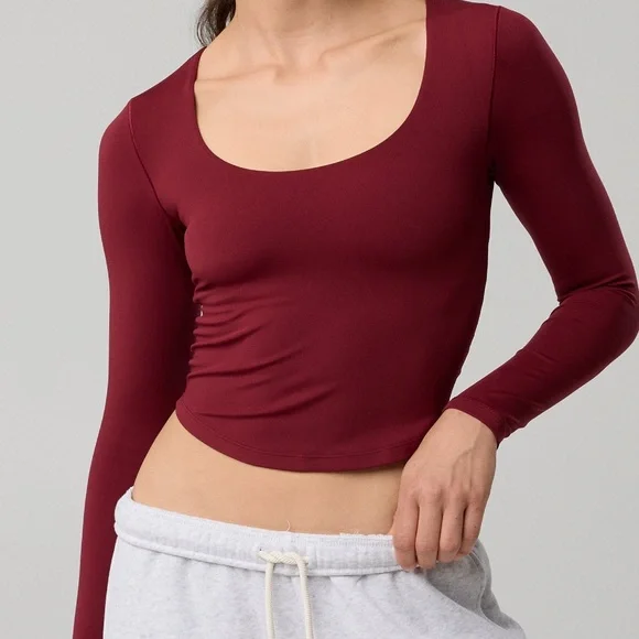 Aerie Burgundy Foldover Super Wide-Leg Pants/Real Me Longsleeve Scoop Top - Picture 2 of 5